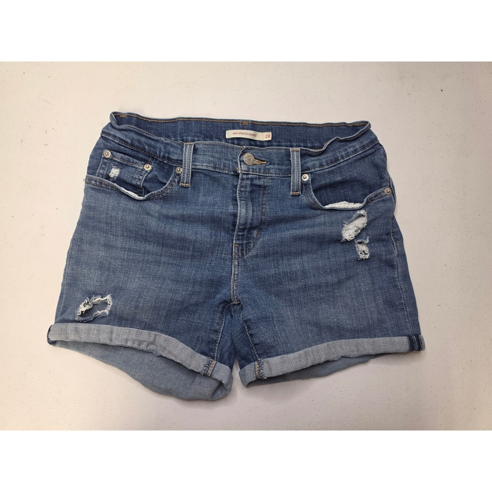 Levi Strauss Women Blue Mid Length Distressed Cuffed Denim Shorts Size 28